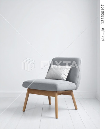 Grey Upholstered Armchair on White Wooden Floor 128600107