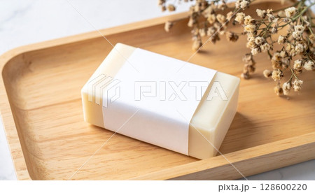 Creamy Beige Handmade Soap on Wooden Tray with Dried Flowers 128600220