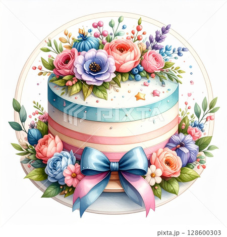 Pastel Layered Cake with Floral Decorations 128600303