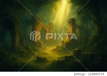 Ancient Ruins Enveloped in Green Light Ancient Ruins Enveloped in Green Light 128600314