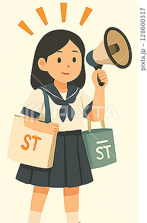 メガホンで応援する女性イラスト!日本人の学生!10代中学生から高校生ぐらいの元気な制服笑顔ガール メガホンで応援する女性イラスト!日本人の学生!10代中学生から高校生ぐらいの元気な制服笑顔ガール 128600317