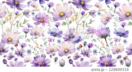 Hand drawn purple cosmos flower seamless pattern. Exotic floral pattern design for fabric, textiles, clothing. Seamless background with purple cosmos flowers. Not AI, Vector illustration 128600318