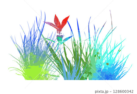 banner of meadow colored silhouettes with grass. hand drawn. Not AI, Vector illustration 128600342