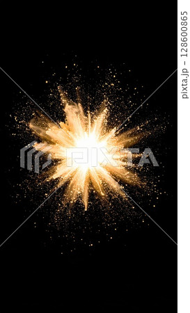Golden Dust Explosion Against Black Background Golden Dust Explosion Against Black Background 128600865