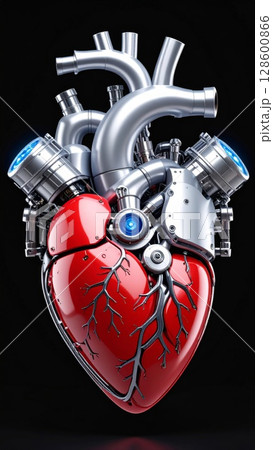 Mechanical Heart: Red And Silver Robotic Organ 128600866