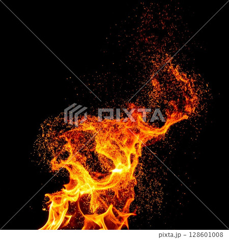 Fiery Orange and Red Flames Against Black Background 128601008