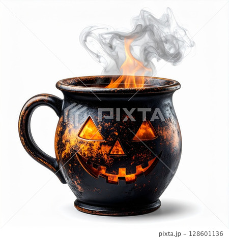 Halloween Pumpkin Mug with Fire and Smoke 128601136