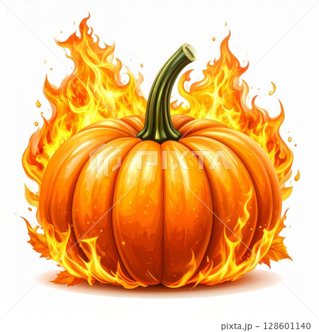 Fiery Orange Pumpkin in Bright Flames 128601140