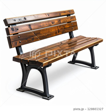 Rustic Wooden Bench with Metal Legs on White Background 128601327