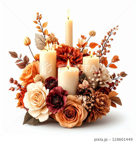 Autumnal Floral Candle Arrangement with Warm Lighting 128601449