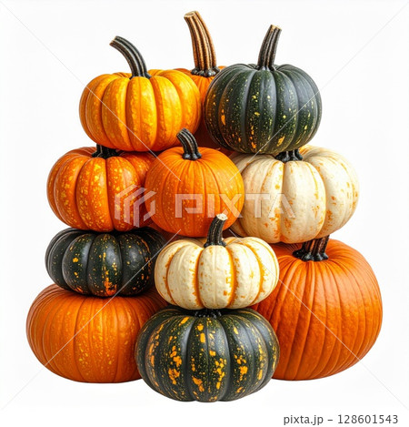 Stack of Colorful Pumpkins on White Background 128601543