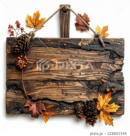 Rustic Wooden Sign with Autumnal Decor Rustic Wooden Sign with Autumnal Decor 128601544
