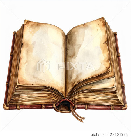 Open Antique Book with Aged Pages and Brown Leather Cover 128601555
