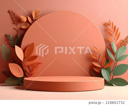 Autumnal Orange And Pink Podium With Green Leaves 128601732