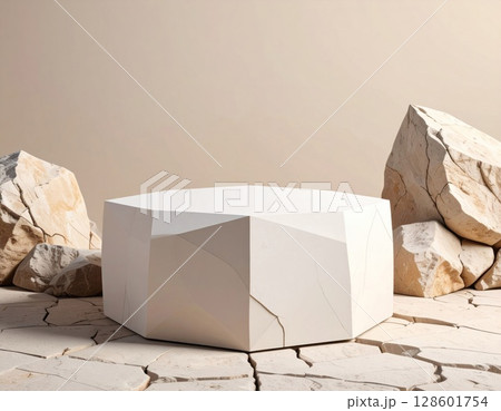 White Hexagonal Podium on Cracked Earth with Beige Rocks 128601754