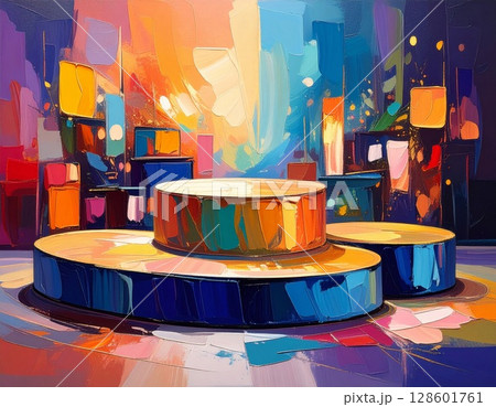 Colorful Abstract Podium Display in Urban Cityscape 128601761