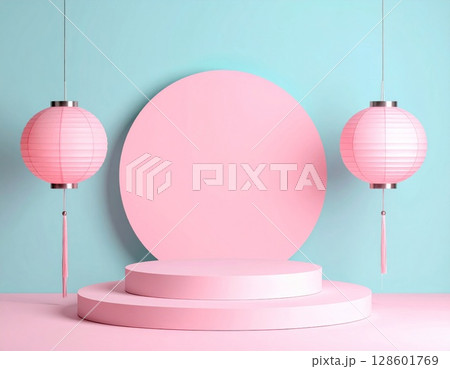 Pink Pastel Lanterns and Circular Display Platform 128601769