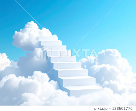 White Steps Ascending into a Blue Sky Among Clouds 128601770