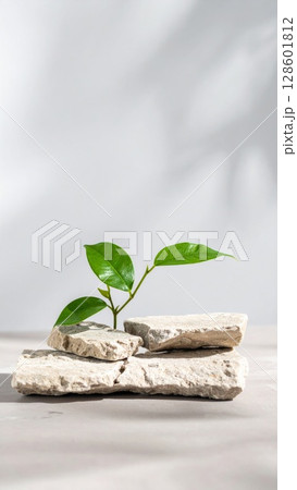 Small Green Plant Sprouting From Stacked Light Beige Stones 128601812