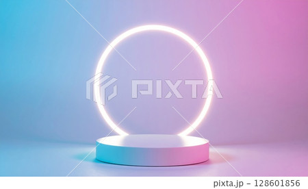 Bright Neon Circle Light and White Podium 128601856