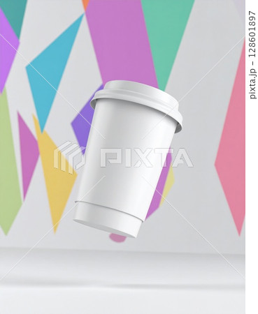 White Coffee Cup Mockup Against Pastel Geometric Background 128601897