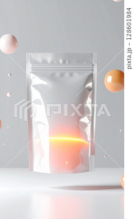 White Foil Pouch Packaging Mockup with Orange Glow 128601984