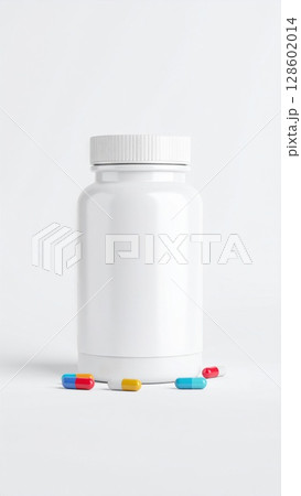 White Pill Bottle with Colorful Capsules on White Background 128602014