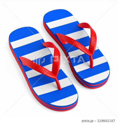 Blue and White Striped Flip Flops on White Background Blue and White Striped Flip Flops on White Background 128602187