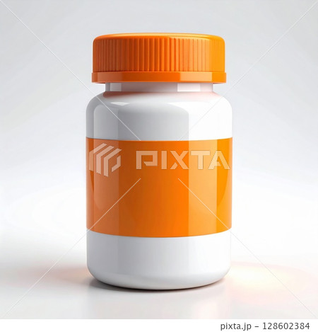 White Pill Bottle with Orange Label and Cap 128602384