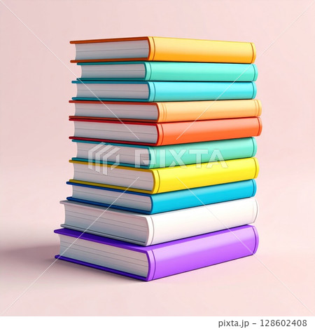 Stack of Colorful Books on Pink Background 128602408