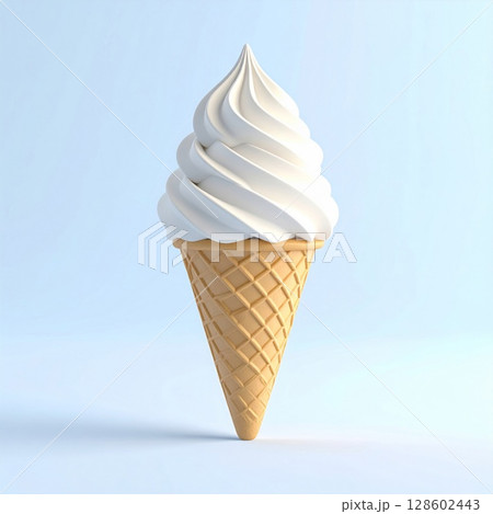 White Soft Serve Ice Cream Cone on Light Blue Background 128602443