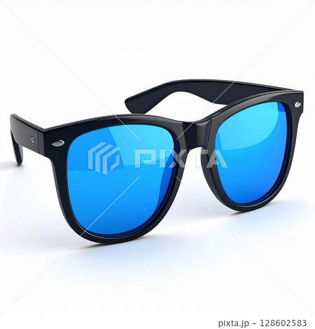 Blue Mirrored Sunglasses Black Frame on White Background 128602583