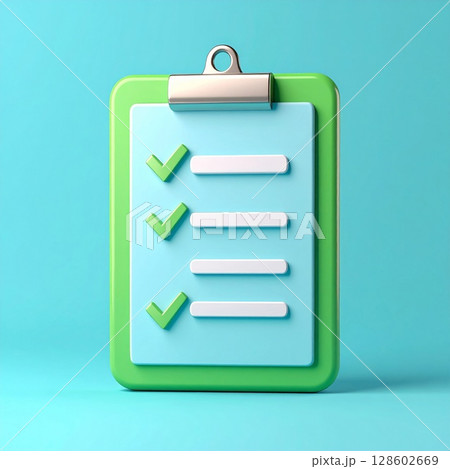 3D Render of Green Checklist Clipboard on Blue Background 128602669