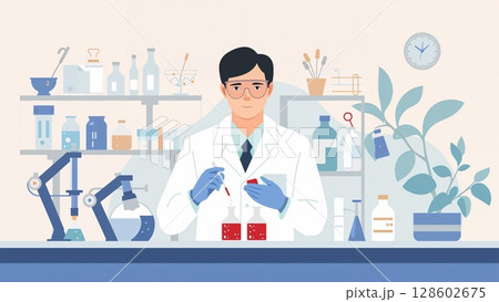Biochemical lab technician analyzing samples in a modern lab background, flat design illustration for a poster or banner 128602675