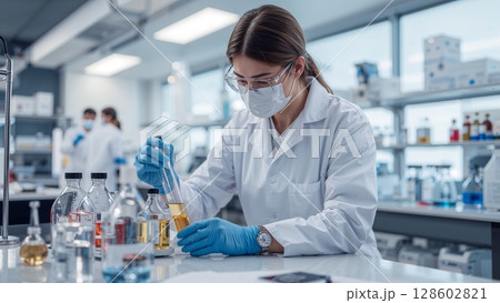 Biochemical lab technician analyzing samples in a modern lab background 128602821