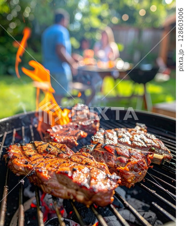 Juicy barbecue meat on the grill, close view, summer barbecue bliss background Juicy barbecue meat on the grill, close view, summer barbecue bliss background 128603006