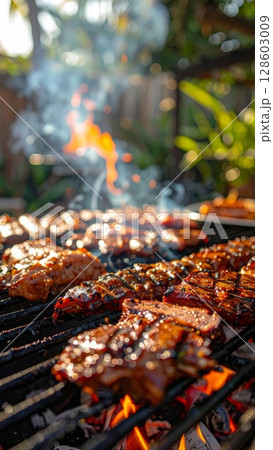 Juicy barbecue meat on the grill, close view, summer barbecue bliss background Juicy barbecue meat on the grill, close view, summer barbecue bliss background 128603009