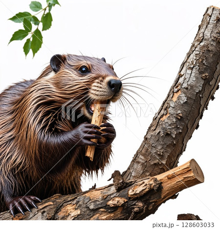 Beaver with a piece of wood close view background 128603033