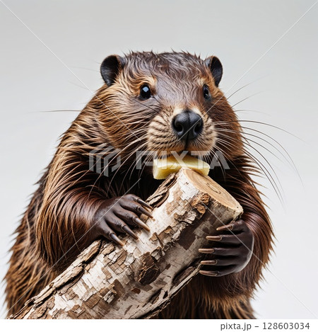 Beaver with a piece of wood close view background 128603034