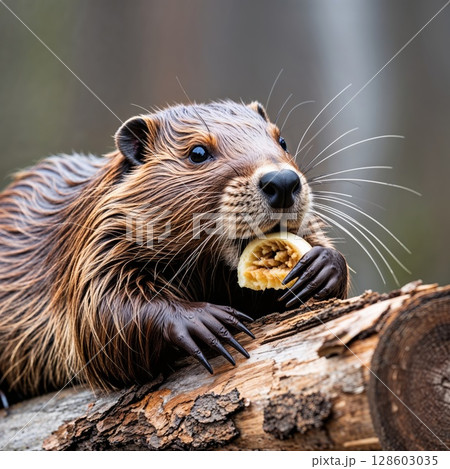 Beaver with a piece of wood close view background 128603035