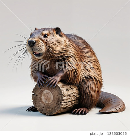 Beaver with a piece of wood close view background 128603036