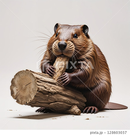 Beaver with a piece of wood close view background 128603037