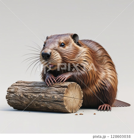 Beaver with a piece of wood close view background 128603038