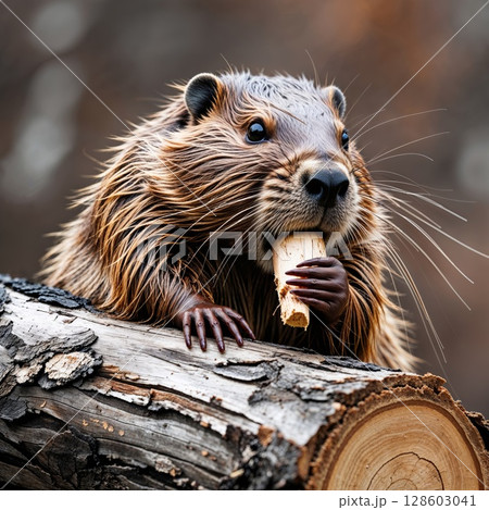 Beaver with a piece of wood close view background 128603041