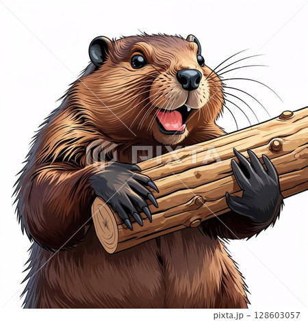 Happy beaver with a piece of wood close view illustration 128603057