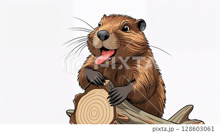 Happy beaver with a piece of wood close view illustration 128603061