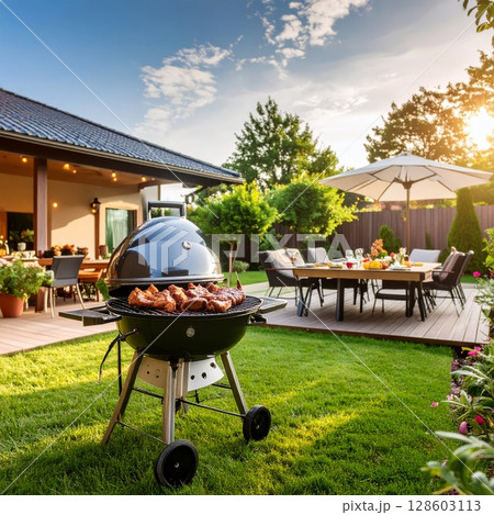 Backyard barbeque exterior background, summer mood Backyard barbeque exterior background, summer mood 128603113