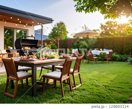 Backyard barbeque exterior background, summer mood Backyard barbeque exterior background, summer mood 128603114
