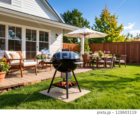 Backyard barbeque exterior background, summer mood 128603119