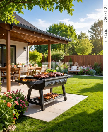 Backyard barbeque exterior background, summer mood Backyard barbeque exterior background, summer mood 128603120